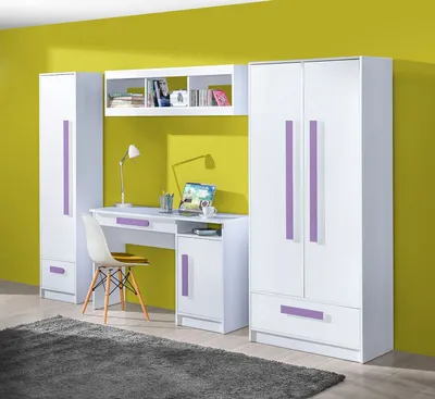 Produktbild von Jugendzimmer Kinderzimmer Set A Walter, 4-teilig, Farbe: Weiß Hochglanz / Lila