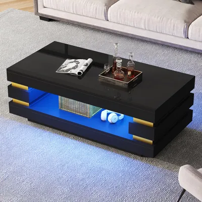 Produktbild von Merax Couchtisch mit LED-Beleuchtung, Beistelltisch Sofatisch mit offener Stauraum, Wohnzimmertisch aus MDF, Schwarz Hochglanz