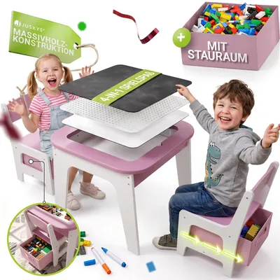 Produktbild von Juskys Kindersitzgruppe Milou - Set mit 2 Stühlen, Tisch & Stauraum - Holz - Rosa