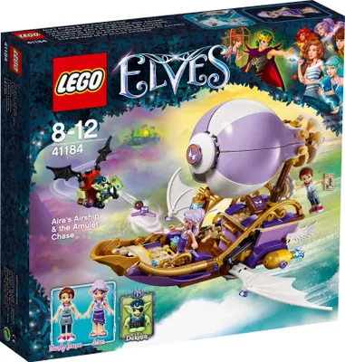 The image shows the packaging of a LEGO Elves playset, featuring an airship and characters in a fantasy setting.
