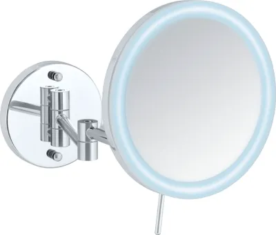 A silver wall-mounted cosmetic mirror with LED lighting.