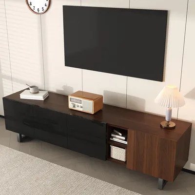 Produktbild von MODFU TV-Ständer TV-Schrank mit vier Türen und Hochglanzfront,FernsehbankTV-Möbel mit Griffloses Türdesign,Vintage-Holzmaserung,Schwarz+Natur