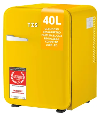 Zdjęcie produktu dla TZS First Austria - Retro mini lodówka 40L, cicha - Mini bar w stylu vintage z oświetleniem wewnętrznym i 2 przegródkami w drzwiach - żółta