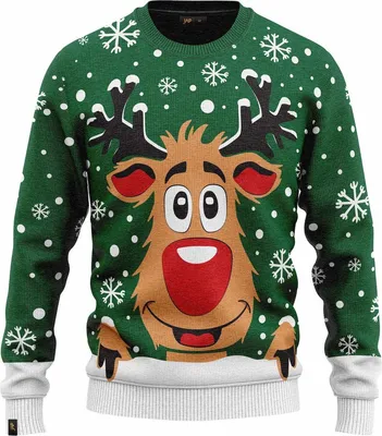 Obrázek produktu pro JAP Christmas Ošklivý vánoční svetr Sob Rudolf - 100% recyklovaný - Uni pro ženy i muže - Zelená - Velikost XL