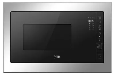 A built-in Beko microwave oven with a stainless steel frame and a black glass door.