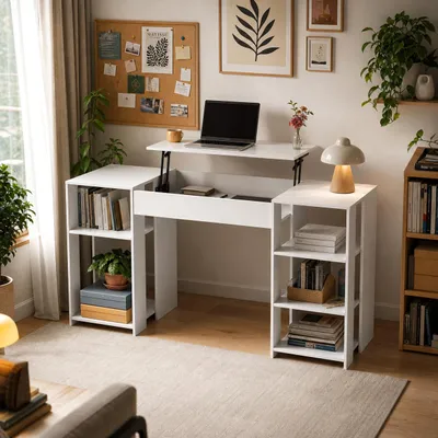 Produktbild von Schreibtisch mit höhenverstellbarer Arbeitsplatte Weiß 140x50x75cm aus MDF, seitliche Ablagefächer, Steh-Schreibtisch für Homeoffice