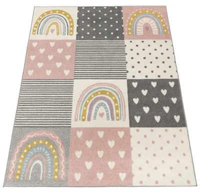 Produktbild von Paco Home Teppich Kinderzimmer Kinderteppich Regenbogen Punkte Herze Geometrisches Muster 133x190 cm