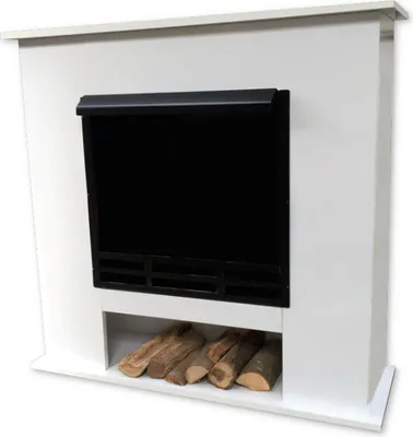 A white electric fireplace with a black insert and logs stored underneath.