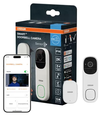 Obrázok produktu pre OSRAM SMART+ WiFi video zvonček 3MP 2K, PIR senzor, 5200mAh batéria, gong, 160° uhol, kompatibilný s Alexa, biely