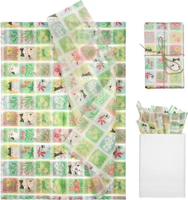 Zdjęcie produktu dla Papiery w zielony wzór w kotki, 50 x 35 cm, na urodziny i baby shower
