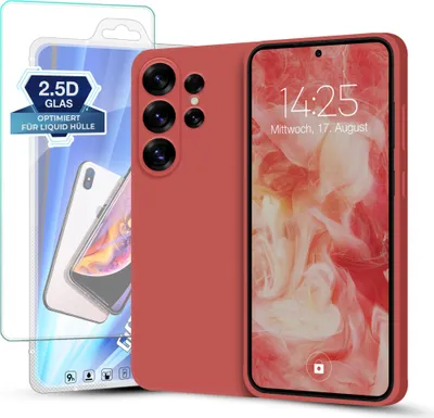 A red phone case and screen protector are displayed next to a smartphone.