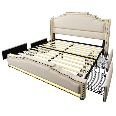 Produktbild von Flieks Polsterbett 140x200cm mit USB & Type-C, Stauraumbett Doppelbett mit 4 Schubladen & LED, Holzbett Jugendbett mit Lattenrost, Samt, Beige