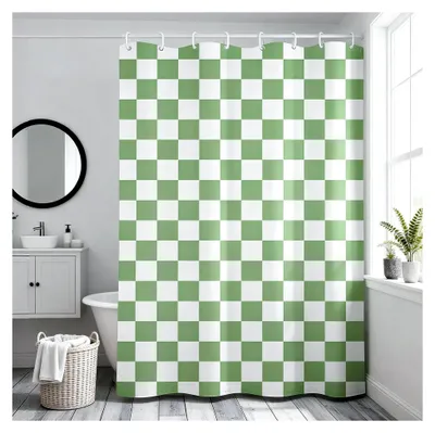 Produktbild von Grüner Duschvorhang 180x200cm, Anti-Schimmel Duschvorhang, Polyester Duschvorhänge mit grünem Retro-Karomuster, wasserdicht, waschbar, für Dusche und Badewanne