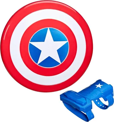 A Captain America shield and a wrist-mounted accessory are displayed against a white background.