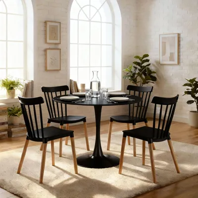 Produktbild von Essgruppe LOIRE/RAVI mit rundem Tisch und 4 Stühlen, Schwarz - Esstisch 100 cm mit 4 Stühlen, platzsparende Esszimmermöbel im modernen Landhaus-Stil, ideal für kleine Küche