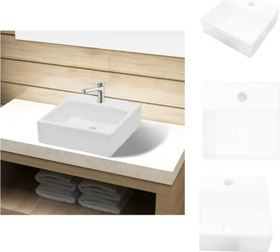 Zdjęcie produktu dla Umywalka ceramiczna z otworem na baterię biała kwadratowa - Umywalka łazienkowa