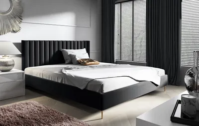 Zdjęcie produktu dla BETTSO Łóżko tapicerowane na eleganckich złotych nogach z nowoczesnym zagłówkiem LILLY 180 x 200 Czarne