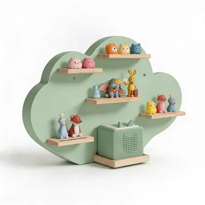 Image de Étagère Relaxdays Toniebox, magnétique, pour la boîte à musique et 20 Tonies, motif « nuage », H x l x P : 40 x 61 x 17 cm, étagère pour figurines Tonies, couleur sauge