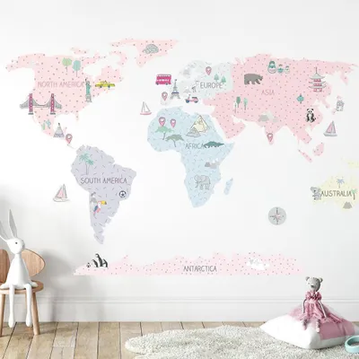 Produktbild von Wandaufkleber Weltkarte rosa Größe L, kratzfest, separat aufgeklebte Elemente, für Kinderzimmer