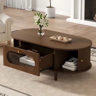 Produktbild von MODFU Couchtisch Sofatisch mit Glasfront und Rollladentüren,Beistelltisch mit Schubladen,Wohnzimmertisch,Nussbaum