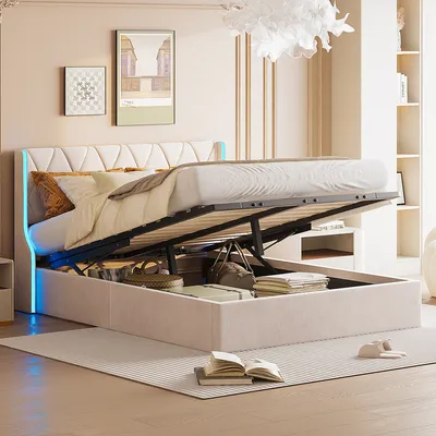 A bedroom scene with a bed that has its storage compartment open, revealing items inside. The bed has LED lighting along the headboard.