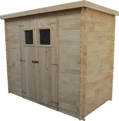 A wooden garden shed with two windows and double doors.