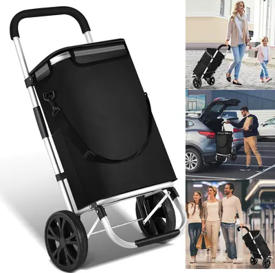 Zdjęcie produktu dla Składany czarny wózek na zakupy Izrielar, nośność 40 kg, aluminiowa rama, wymiary 42 x 35 x 96 cm