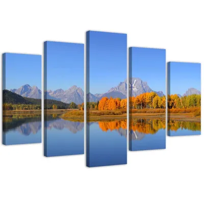 Produktbild von 5-teiliges leinwandbild grand teton national park 150x100 cm Feeby blau wandbild bereit zum aufhängen