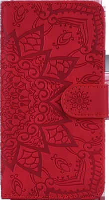 A red wallet-style phone case with a mandala pattern.