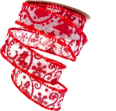 Produktbild von Weihnachtliches Leinenstrukturband  "Stern & Ranke" - weiß-rot - 77106-25-10-02