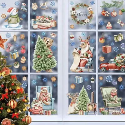 Produktbild von 87 Stück Fensterbilder Weihnachten, Doppelseitig, Wiederverwendbar, PVC, Tiere, Bunt