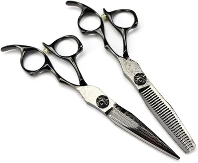 Produktbild von Professionelle 6-Zoll-Haarschneideschere aus Damaststahl in Schwarz, Effilierschere für den Haarschnitt und Friseurscheren-Set