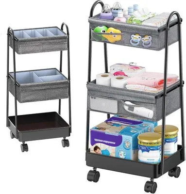 Produktbild von Unyqoos® Mobiler 3‑lagiger Wickeltisch-Organizer mit 360° Rollen (2 arretierbar), 5 abnehmbare Trennwände, Oxford-Stoff, Holz- & Metallablagen, Tragkraft 9+ / 13+ kg