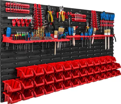 Zdjęcie produktu dla System magazynowy Regał warsztatowy | 156 x 78 cm | 40 szt. Pudełko | Regał ścienny z uchwytami na narzędzia i pojemnikami do układania w stosy - Płyty ścienne Bardzo wytrzymały regał z pojemnikami Regał warsztatowy Regał garażowy