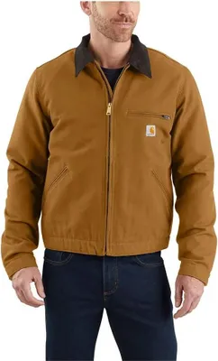 A man wearing a brown Carhartt jacket and blue jeans.