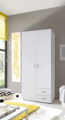 Produktbild von Drehtürenschrank BASE 2, Weiß, 2-türig, mit 2 Schubkästen, 1 Boden und 1 Kleiderstange