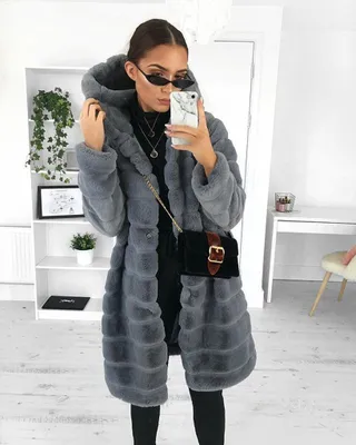 Produktbild von ASKSA Damen Pelzmantel Oversize Winter Warm Lange Felljacke Flauschige Elegant Cardigan Parka Coat mit Kapuze, Dunkelgrau, S