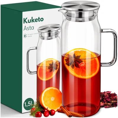 Obrázek produktu pro Kuketo | Skleněný džbán 1,5 l - průhledný - se sítkovým víkem - vysoce kvalitní borosilikátové sklo - elegantní a všestranný