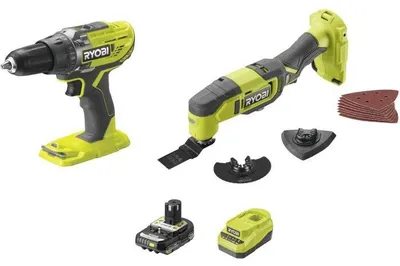 Produktbild von Set bestehend aus: 2 Ryobi 18V ONE+ Akku-Bohrschrauber, Multitool, 2Ah Akku, Ladegerät R18CK2G-1C20G