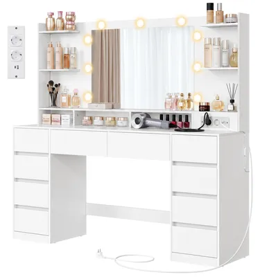 Produktbild von VASAGLE Schminktisch mit Spiegel und Beleuchtung, 10 Schubladen und Ladestation, 137 x 40 x 144,3 cm, Weiß