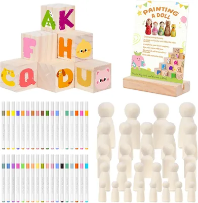 Productafbeelding van Spelletjes schilderset, doe-het-zelf houten blanco poppen met houten blokken om te kleuren, babyshower-activiteiten met 36 acrylmarkeerstiften