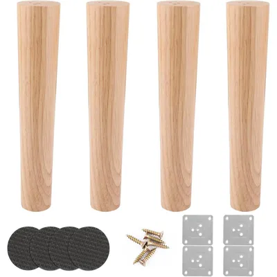 Produktbild von Möbelfüße Holz 25cm Eiche Rund 4 Stück mit Montageplatten & Schrauben