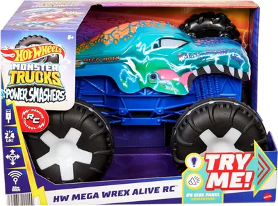 Produktbild von Mattel Hot Wheels Monstertruck Mega Wrex, 1:15 Maßstab, 200mm Breite, 330mm Tiefe, 230mm Höhe, Ferngesteuert, mit interaktiven Lichtern & Sounds, 3 Spielmodi (Jagd, Zerschlagen, Wächter), wiederaufladbarer Lipo-Akku, Elektromotor, International Edition, Kunststoff, Multi, für Kinder ab 5 Jahren, Controller benötigt 2 AA Batterien