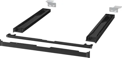 A set of black and gray washing machine accessories, including two long trays and two mounting brackets, arranged on a white background.