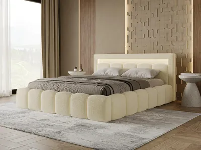 Produktbild von Chilly Möbel Design Bett Lumi - Polsterbett mit Bettkasten und LED-Beleuchtung 180x200 cm / Bouclé / Beige