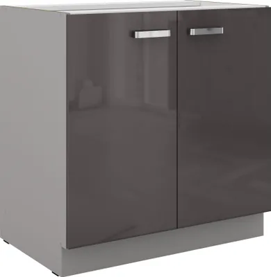 A studio shot of a kitchen base cabinet with two doors.