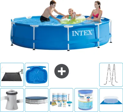 Produktbild von Intex Rundrahmen-Schwimmbecken – 305 x 76 cm – Blau – inklusive Pumpe Abdeckung - Wartungspaket - Filter - Bodenplane - Solarmatte - Leiter