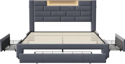 Produktbild von CDGlobal Polsterbett mit USB und Lattenrost, Doppelbett 160x200cm Stauraumbett mit  Schubladen, Massivholzbett Funktionsbett mit Led, Jugendbett Ehebett Leinen, Grau