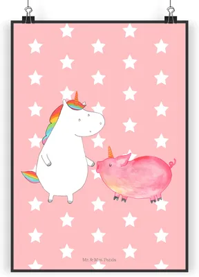 Produktbild von Mr. & Mrs. Panda Bild Einhorn Schwein DIN A3 - Rot Pastell - Geschenk, Wanddekoration, drucke, Schweinchen, Unicorn, wanddeko, Einhörner, kunstdruck poster, Plakat