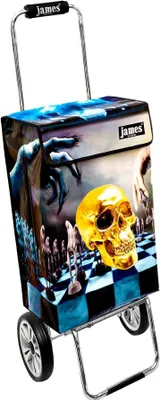 A shopping trolley with a unique, artistic design featuring a golden skull and a surreal scene.